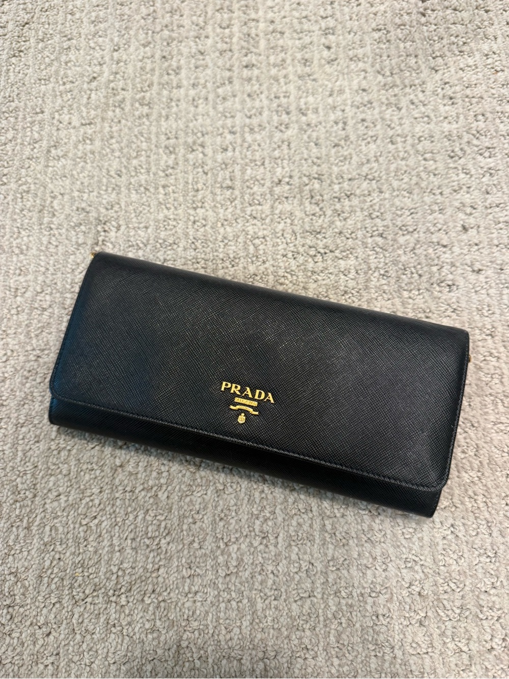 Prada Black Saffiano Leather Long Wallet with Gold Logo